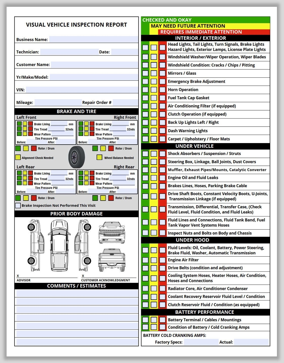Vehicle Inspection Report For Pickup Truck Inspection Checklist 