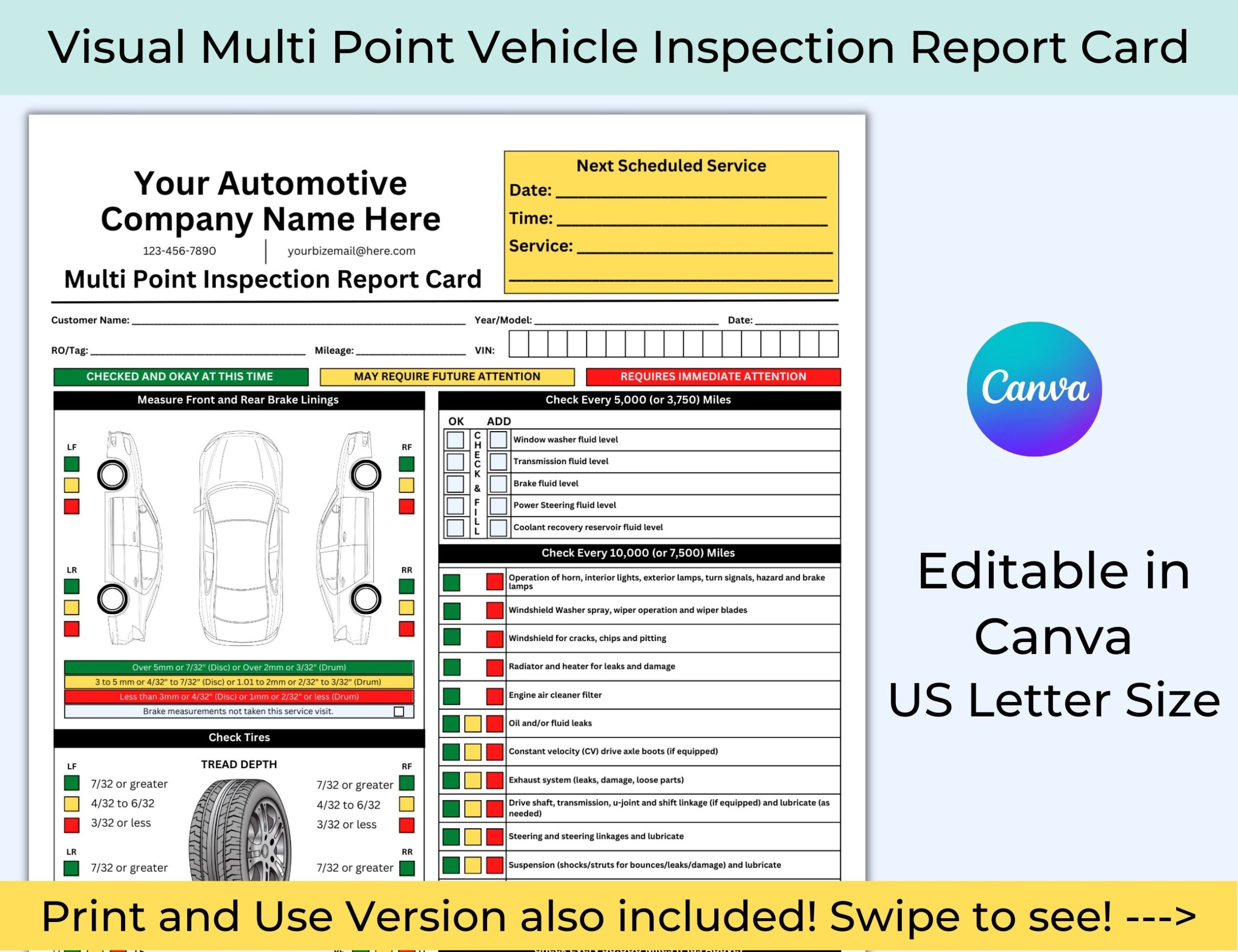 Visual Vehicle Inspection Report Card Editable PDF Multi point 
