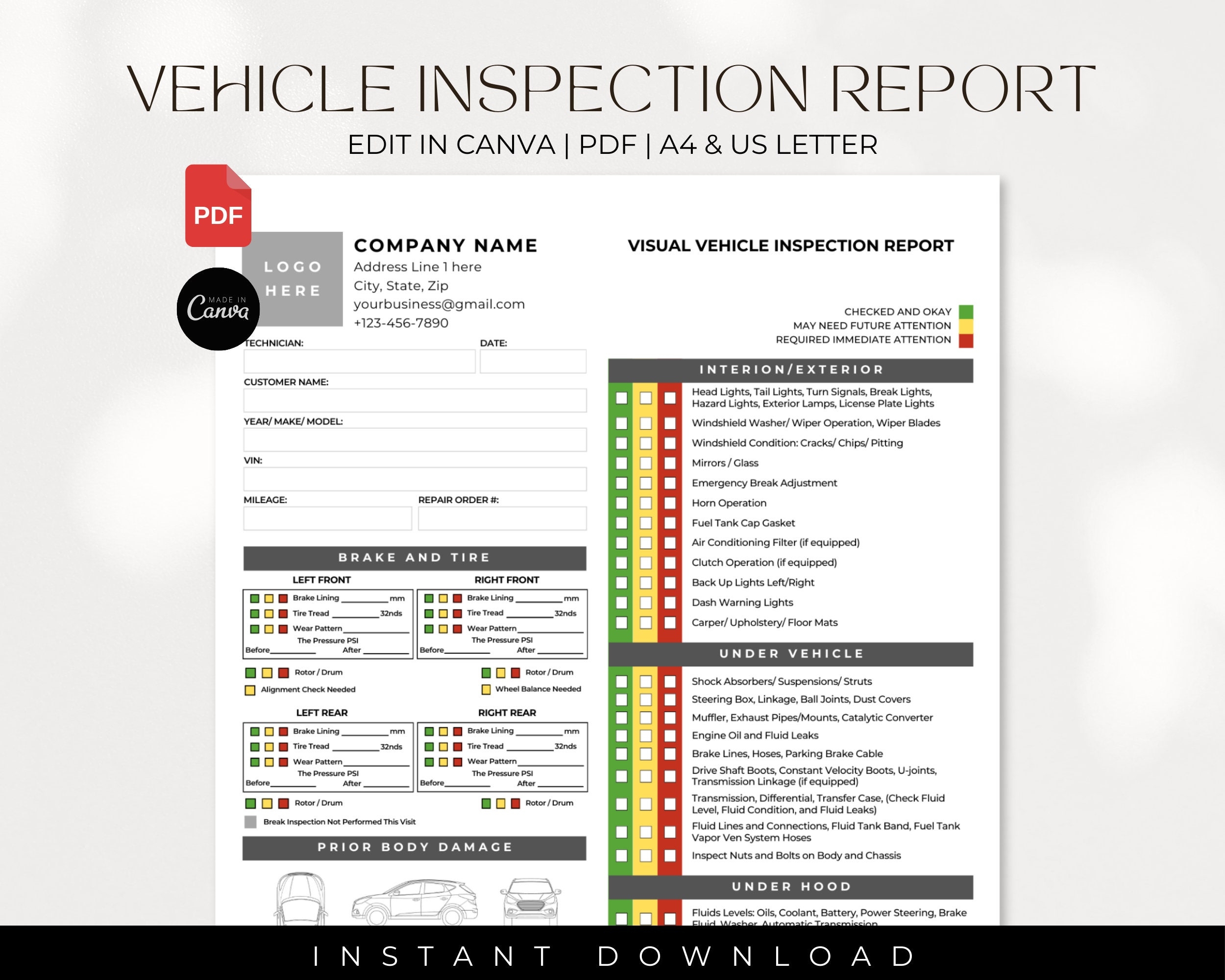 Visual Vehicle Inspection Report Fillable PDF Multi point Vehicle Inspection Checklist Vehicle Inspection Worksheet Fill And Print Etsy