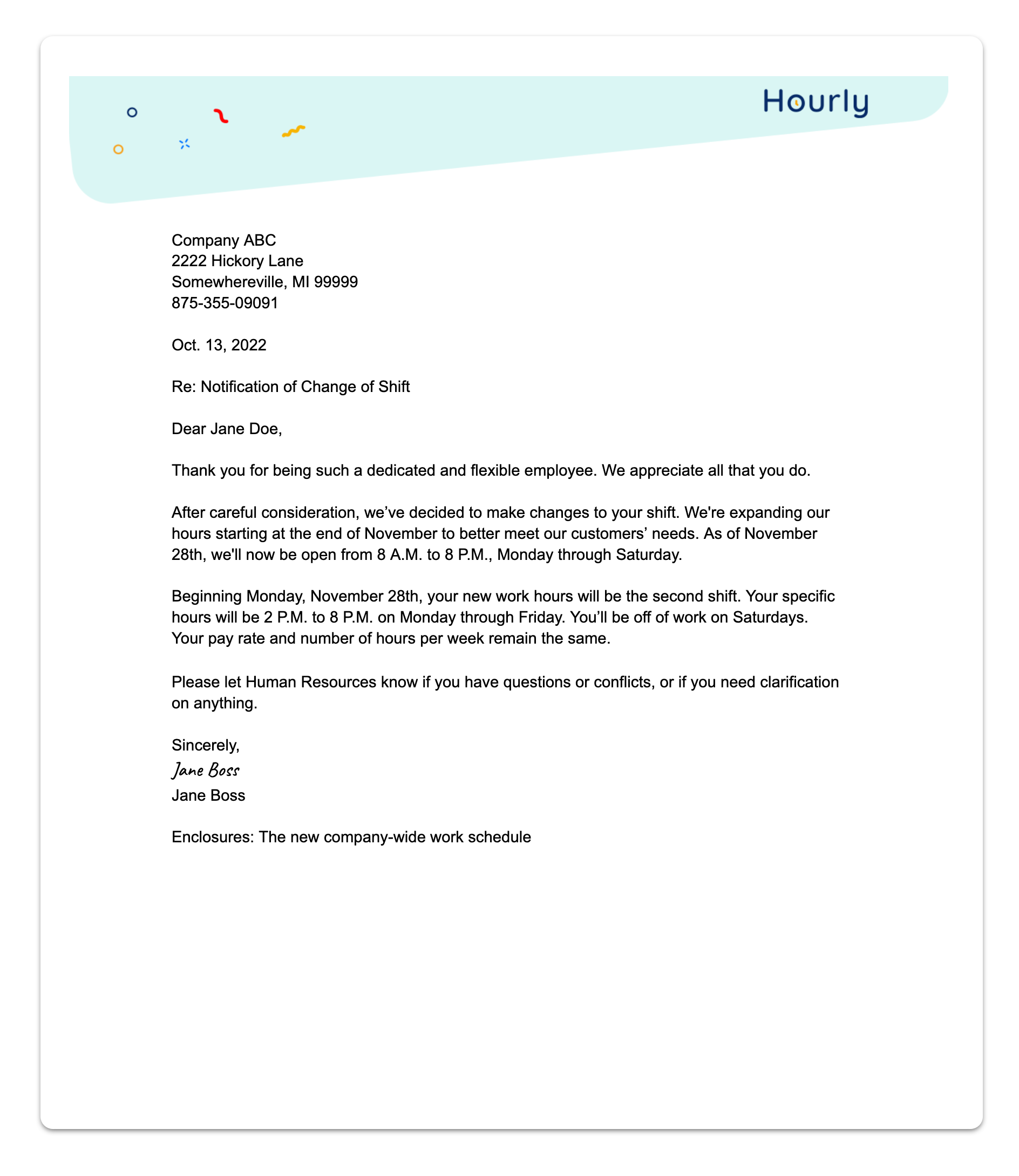 Work Schedule Change Notice Letter Template For Businesses 