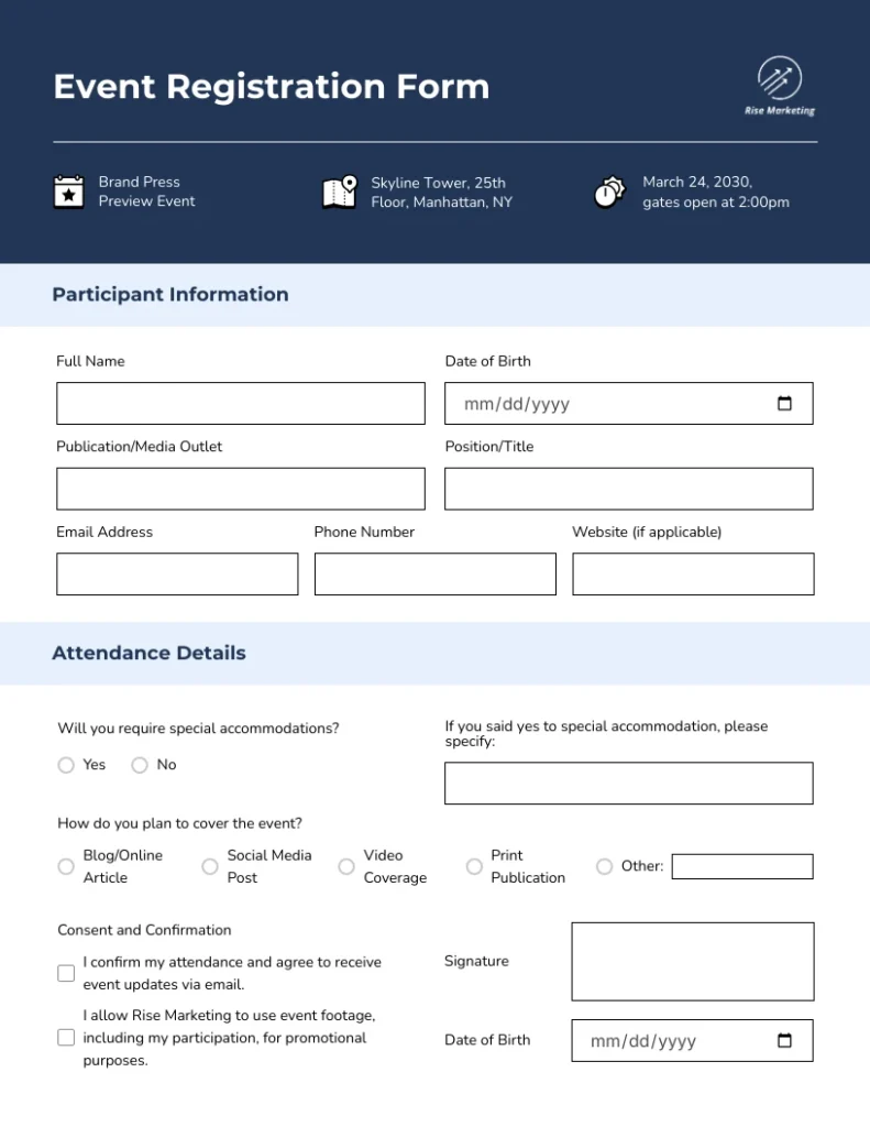 Printable event form template example page