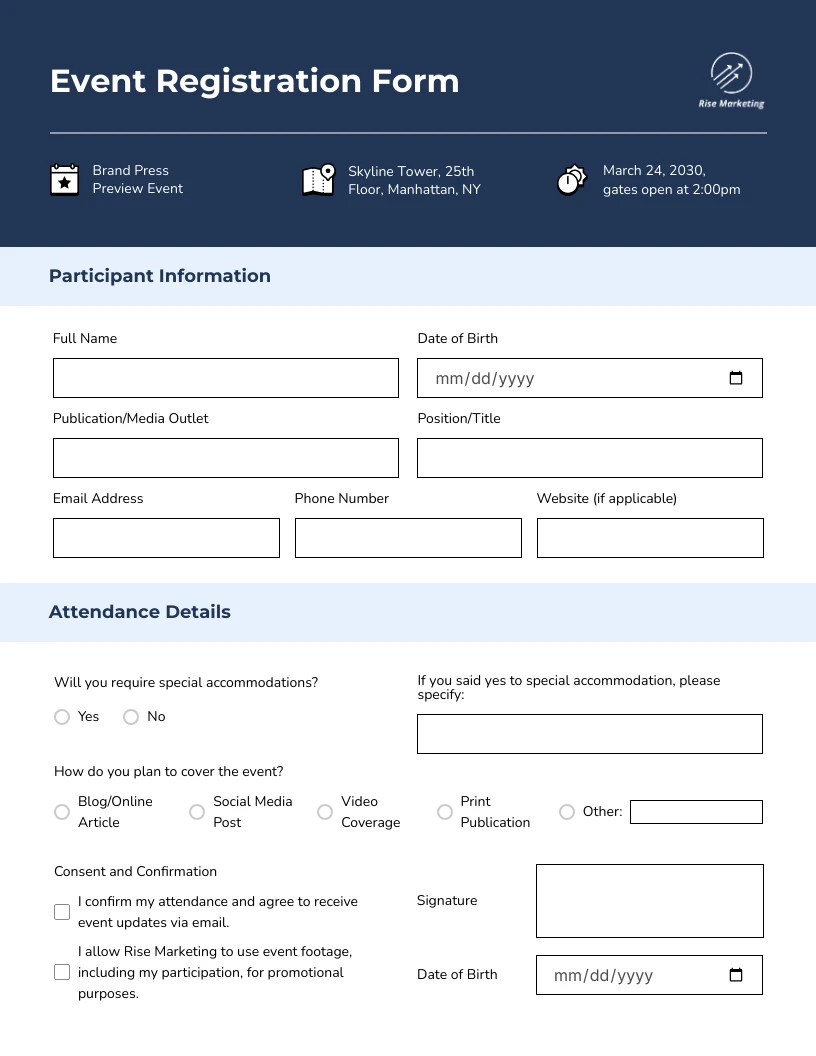 Printable event form template example page