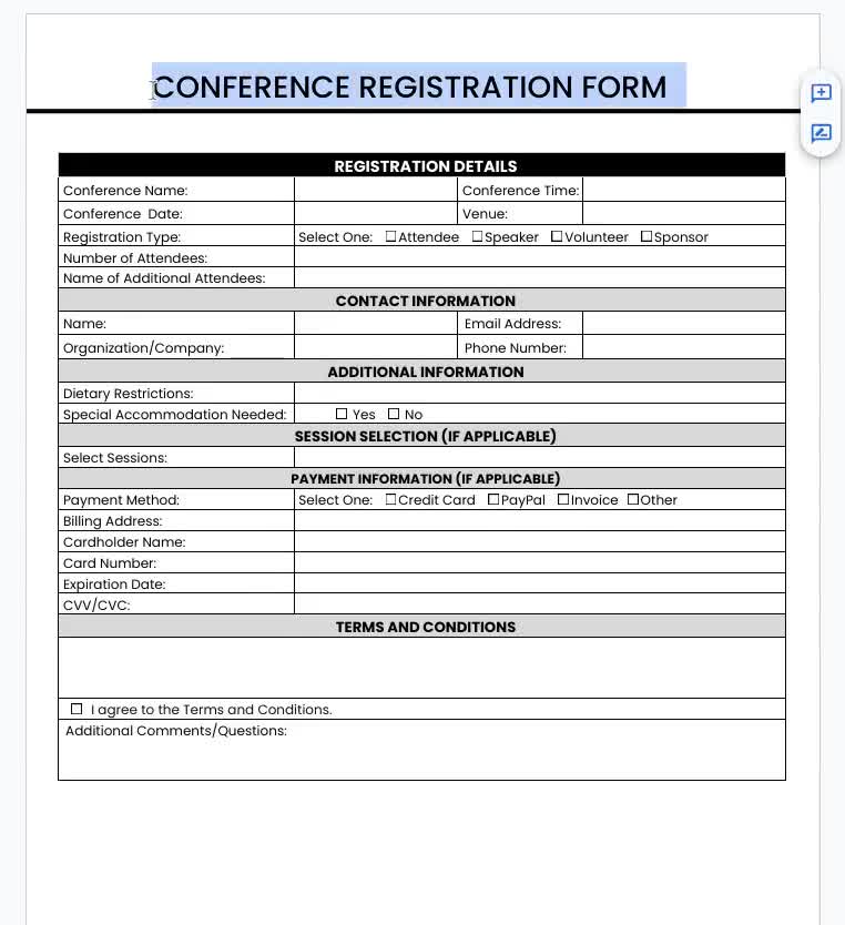 Header with event title and date on the printable form