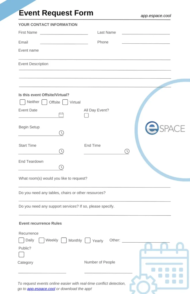 Clipboard with sample event form on desk