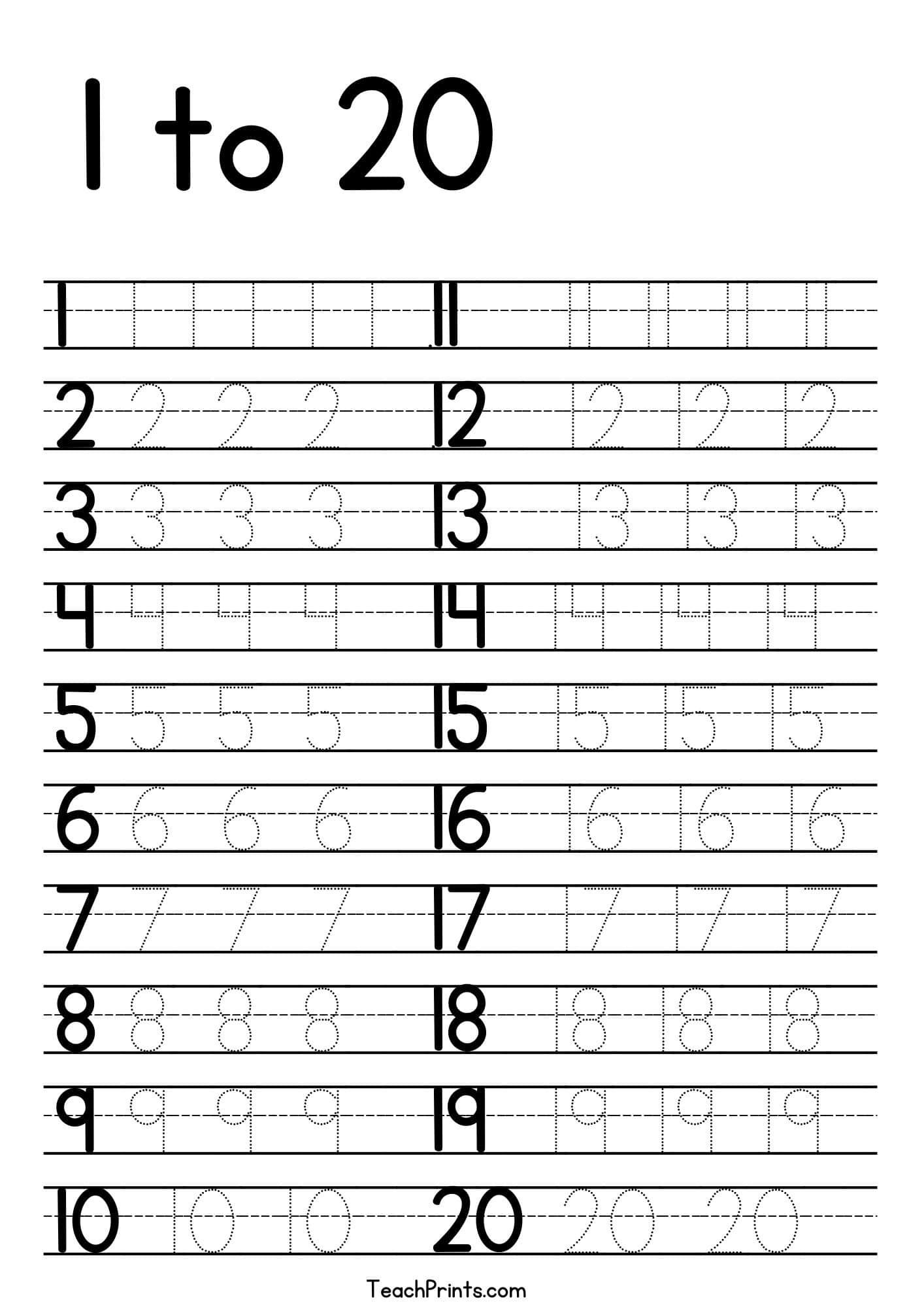 Tracing Numbers 1 20 Worksheets